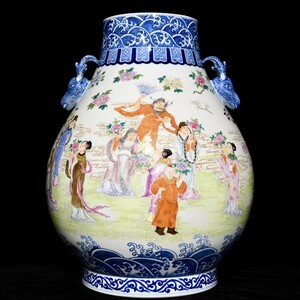 清代 乾隆年制・磁器 コレクション 【粉彩 青花 十二花神 神鹿雙耳聚財富尊 瓷器花瓶 】古美術品 陶磁器 茶道具 時代物 置物 3.24