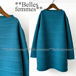 ★Belles*★新品★送料185円*春*ウェーブプリーツチュニック*定番人気*ボトルネック*ご旅行に*ヒップラインをカバー*20207*エメラルド