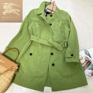 ★大きいサイズ★美品★バーバリー BURBERRY 44/13号/XL-3L 春色抹茶カラー♪メガチェックコンビグログランタフタトレンチコート お花見 