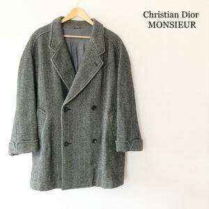 美品 Christian Dior MONSIEUR クリスチャンディオール M ダブルブレスト ロング チェスターコート ツイード ヘリンボーン グレー 灰色