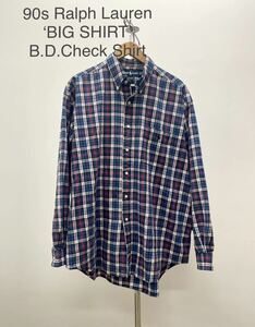 美品90sビンテージPolo Ralph Lauren ポロ ラルフローレン チェック シャツXLボタンダウンL長袖 BIG SHIRTビッグ シャツbeamsビームスtoo