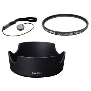 3点セット EW-63C 互換 レンズフードと UVフィルター 58mmと レンズキャップ紛失防止ホルダーのset RF24-50mm F4.5-6.3 IS STM対応