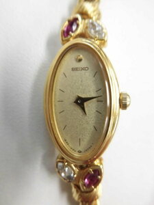 SEIKO 1E20-5760 QZ オーバル ゴールドカラー ゴールド文字盤 セイコー レディース クォーツ ブレスレットウォッチ 腕時計 カラーストーン
