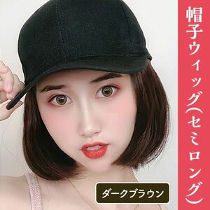 セミロング ストレート 帽子 ウィッグ ダークブラウン