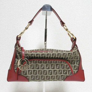 美品 FENDI フェンディ レザー ズッカ柄 ズッキーノ ジャガード 切替 ハンドバッグ ブラウン×レッド ◆