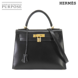 エルメス HERMES ケリー 28 2way ハンド ショルダー バッグ ボックスカーフ レザー ブラック □G刻印 外縫い 90216523