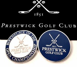 全英オープン THE OPEN プレストウィック 公式/世界最古ゴルフクラブ1851年 ゴルフ チップマーカー メタル 紺 大判サイズ 両面 マグネット
