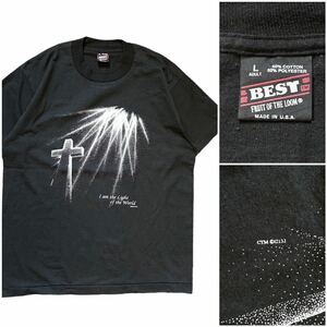 USA製 90’s FRUIT OF THE LOOM ヴィンテージ Tシャツ ブラック 黒 Lサイズ 十字架 フロント プリント シングルステッチ 90年代 フェード