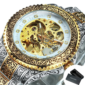 【ゴールド×ホワイト】メンズ高品質腕時計 海外人気ブランド T-WINNER スケルトン 機械式 ヴィンテージ 王室ファッション クリスタル
