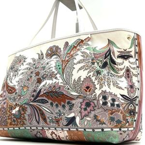 《ほぼ未使用品》ETRO エトロ ペイズリー 花柄 キャンバス レザー トートバッグA4収納可 ホワイト 肩掛け