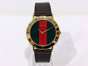 【47496】美品 GUCCI グッチ シェリーライン 3000.2.M メンズ ゴールドカラー レザーベルト ブランド時計 テスター反応〇