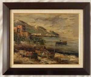 ヨーロッパ絵画 肉筆油絵 F6号 コルシニ作「ナポリの港」14＋新品額縁付