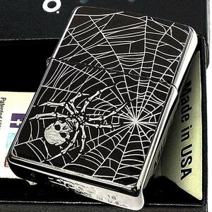 ZIPPO ジッポ ライター スカルスパイダー 彫刻 アンティークシルバー 蜘蛛の巣 ブラック かっこいい 銀サテン 黒 おしゃれ メンズ ギフト