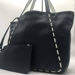 『未使用級』kitamura キタムラ トートバッグ ビジネス メンズ ステッチ ポーチ付 シボ革 A4可 ネイビー ロゴ型押し 通勤 仕事 書類 鞄