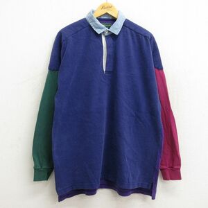 XL/古着 長袖 ラガー シャツ メンズ 90s クレイジーパターン 襟デニム マルチカラー コットン 紺他 ネイビー 23feb16 中古 トップス