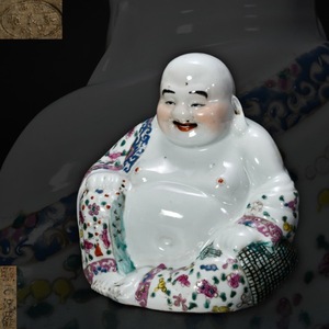 br10667 中国美術 粉彩 布袋像 在銘 置物 景徳鎮 色絵 唐物 江西 朱義順造 高24.5cm