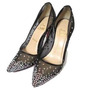 ほぼ美品 Christian Louboutin クリスチャンルブタン スワロフスキー装飾 ポインテッドトゥ メッシュ ハイヒール パンプス 35.5 22.5cm 黒