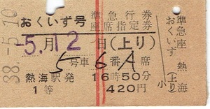 貼り痕【A型硬券 1等 準急行券】おくいず号　熱海駅