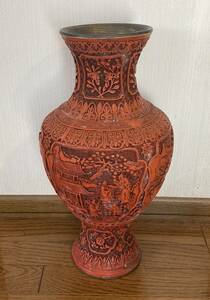 堆朱壺 中国美術 大型 四面宮廷彫刻 花瓶 置物 アンティーク インテリア オブジェ 26cm x 49cm