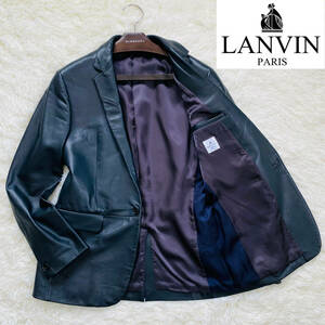 ★極上の艶感！ 本革 ラムレザー♪【超美品】ランバン LANVIN ☆羊革♪ 着心地最高 ストレッチ レザー ジャケット 48(Mサイズ) ブラック 黒