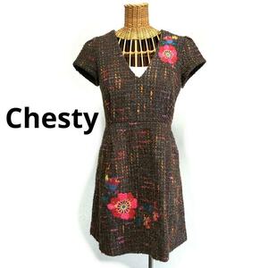 チェスティ Chesty チェック 花柄　刺繍　ワンピース　ジャンパースカート