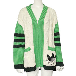 ADIDAS X GUCCI アディダス ｘ グッチ ミックス ウールニット カーディガン M グリーン アイボリー 718007 XKCRG 9216