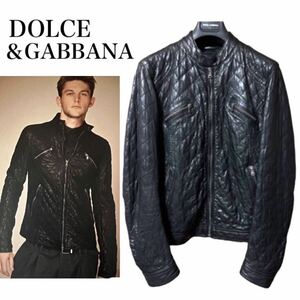 【極美品】55万!!幻★DOLCE&GABBANA ドルチェ&ガッバーナ 最高級コレクションモデル キルティングラムレザー羊革ZIPライダースジャケット48