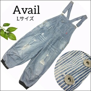 351 【Avail】 アベイル ヒッコリーストライプ デニム クラッシュ 半端丈 オーバーオール Lサイズ ネイビー 裾リブ しまむら レディース