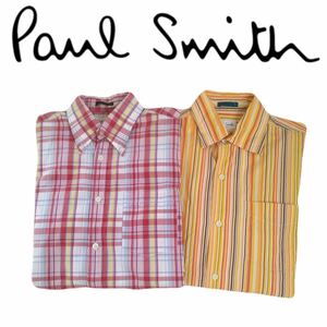 極美品 最高級 豪華2点 Paul Smith マルチストライプ チェック 総柄 半袖シャツ ドレスシャツ ワイシャツ メンズM ポールスミス 2404128