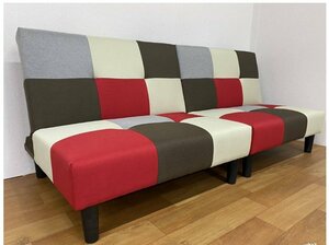 格子柄のおしゃれな北欧風 ソファーベット コンパクト モダンデザイン ファブリック レッド色 ブルー色 2色対応　リクライニング　ベッド