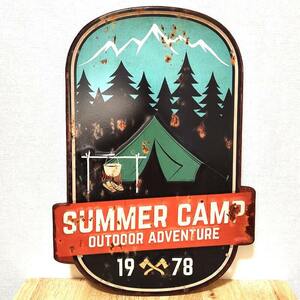 ブリキ看板 アンティーク SUMMER CAMP ADVENTURE アウトドア ビンテージ テント キャンプ おしゃれ ガレージ プレート レトロ