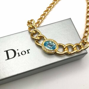 1円 展示品 Christian Dior ディオール アクアマリンカラーストーン チェーン ネックレス チョーカー ゴールド k1744