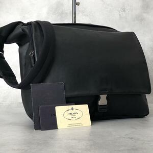 1円【極美品】PRADA プラダ レザー メッセンジャーバッグ ショルダーバッグ 肩がけ 斜めがけ 黒 ブラック メンズ A4 大容量 カード付き