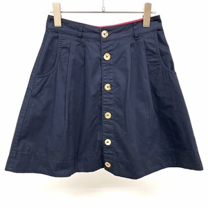 プチバトー PETIT BATEAU フレアスカート ひざ丈 フロントボタン留め 裏地無し 2タック 無地 綿100% S ネイビー×レッド 紺 レディース