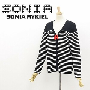 美品◆SONIA RYKIEL ソニアリキエル ボーダー柄 Vネック コットン ニット カーディガン 黒 ブラック×ホワイト 44 大きいサイズ