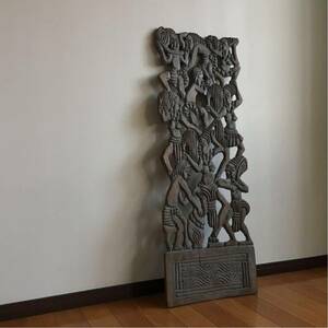 【 1970年代 アフリカ美術　JOANA作 一刀彫壁掛け大型レリーフ 117x43cm 】宗教美術 木彫 オブジェ 民藝 モダンプリミティブ fork art