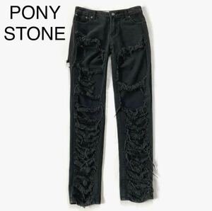 PONYSTONE ポニーストーン ダメージジーンズ デニム ブラック Mサイズ ジーンズ デニムパンツ 黒 ストレートジーンズ パンツ