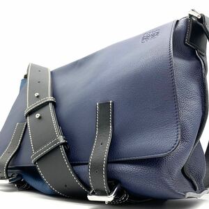 1円●極美品/近年モデル●LOEWE ロエベ アナグラム メッセンジャーバッグ ショルダーバッグ 大容量 グレインカーフレザー ブルー系 メンズ