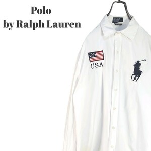 難あり Polo by Ralph Lauren ポロバイラルフローレン 長袖シャツ ビッグポニー 刺繍 USAワッペン ホワイト 