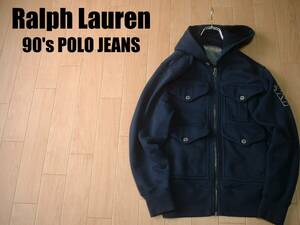 90sビンテージお宝Ralph Lauren POLO JEANSチンスト付フィールドスウェットジップパーカー美品L正規ラルフローレンポロジーンズトレーナー