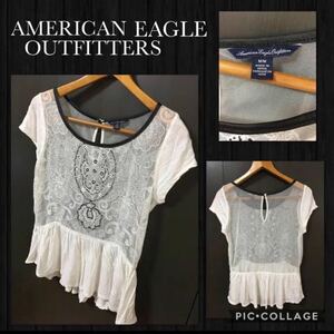 ◆American Eagle Outfitters アメリカンイーグル 半袖カットソー 刺繍　レース　ウエストギャザー入ネック周りレザー調　パイピング　