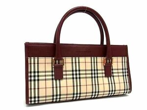 1円 ■極美品■ BURBERRY バーバリー ノバチェック キャンバス×レザー ハンドバッグ レディース ベージュ系×ボルドー系 FA5905