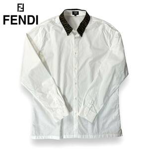 【美品】FENDI フェンディ 長袖 コットン ドレス シャツ 襟 切り替え ズッカ柄 44サイズ XLサイズ相当 定価115,500円 ホワイト イタリア製