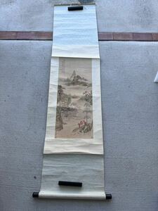 清時代　新羅山人　青緑山水人物図　掛軸 紙本 中国古美術　骨董品　時代物　在銘　