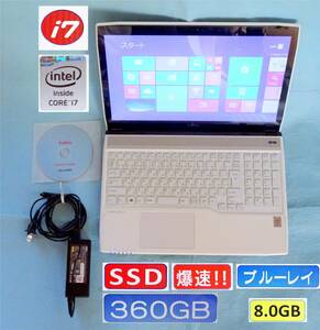 富士通 AH56/M FMVA56MW★SSD換装品★Core i7★8.0GB★SSD:360GB★15.6インチタッチパネル★光学BD★リカバリーディスク付属!!!