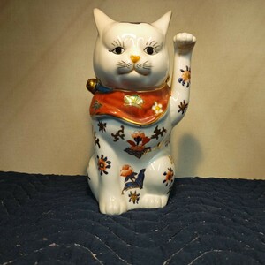 招き猫　縁起物 置物 陶器 招福 商売繁盛 金彩 アンティーク　高さ約24.5cm　み