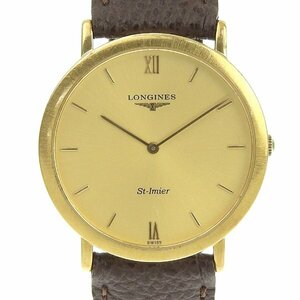 1円 稼働 ロンジン LONGINES クオーツ ラウンド ゴールド文字盤 K18YG×レザー メンズ 腕時計 26.7ｇ