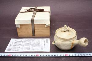 3684 新品 常滑焼 名工 間野弥平 白泥火襷獅子摘み手捻り茶注 茶注 急須 煎茶器 朱泥 木箱 