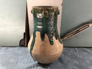 緑青釉薬　花瓶/銘有り▼耳付き花器花入れ茶道具フラワーベース