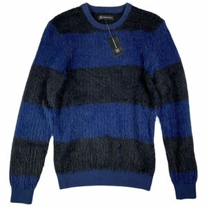 INC International Concepts / Fuzzy Horizontal Striped Crewneck Sweater / Navy Blue Sサイズ 新品 / PUNK モヘア